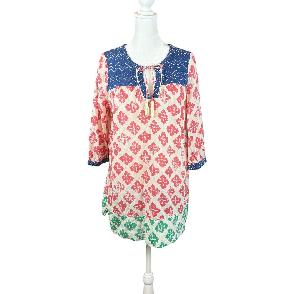 Anthropologie Tunic‎ Top Medium Mermaid Block Print Cotton Tunic Festival Tassel